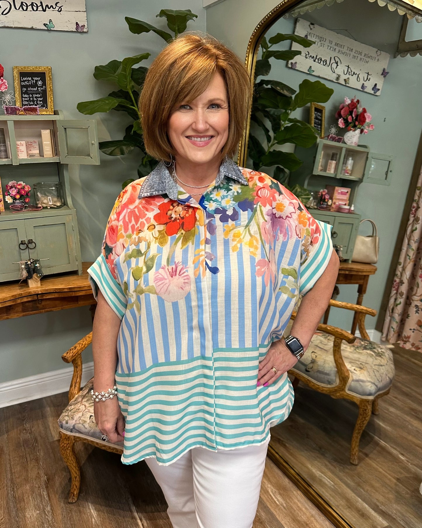Stripe and Floral Button Up