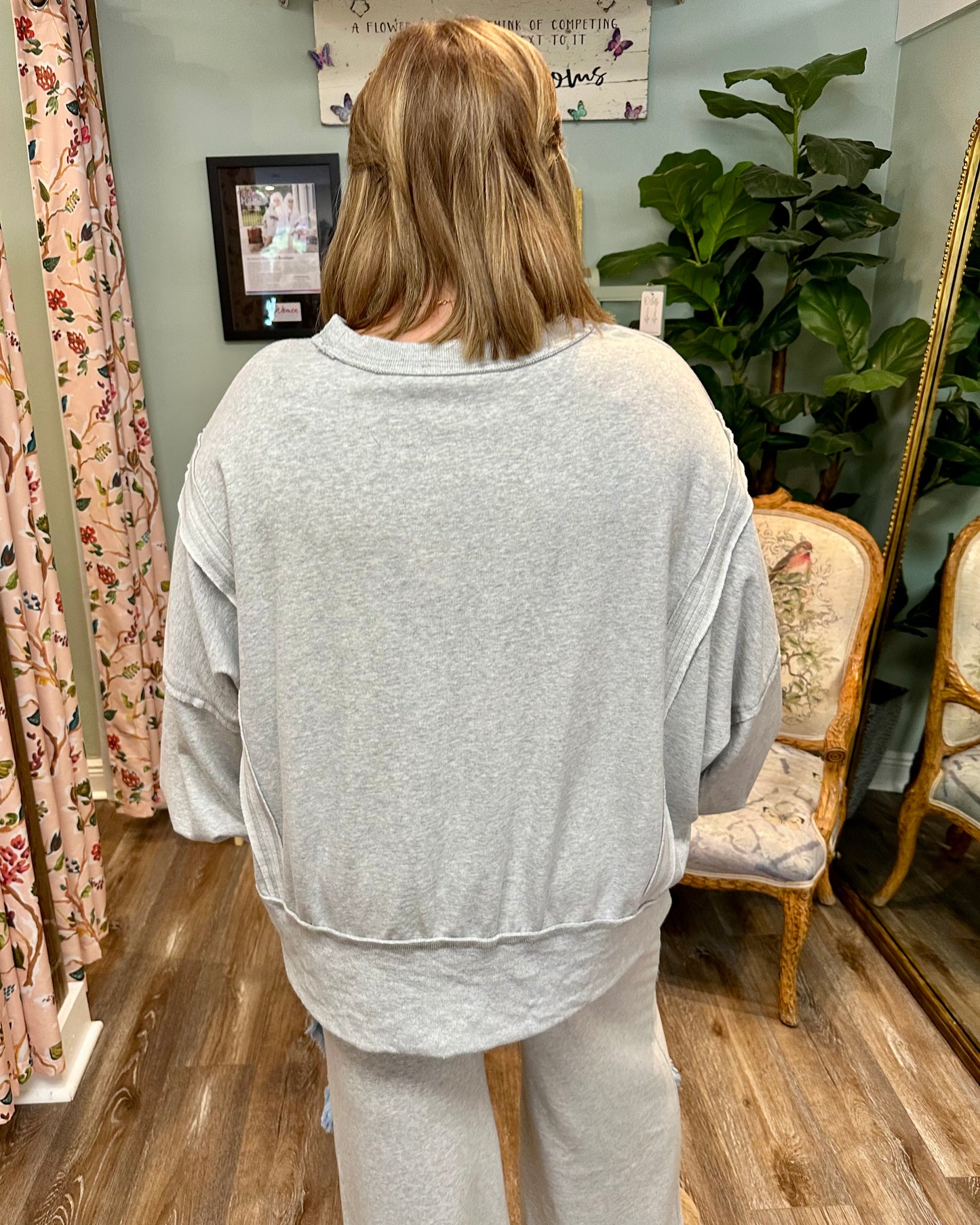 Frayed Washed Sweatshirt with Denim Bow