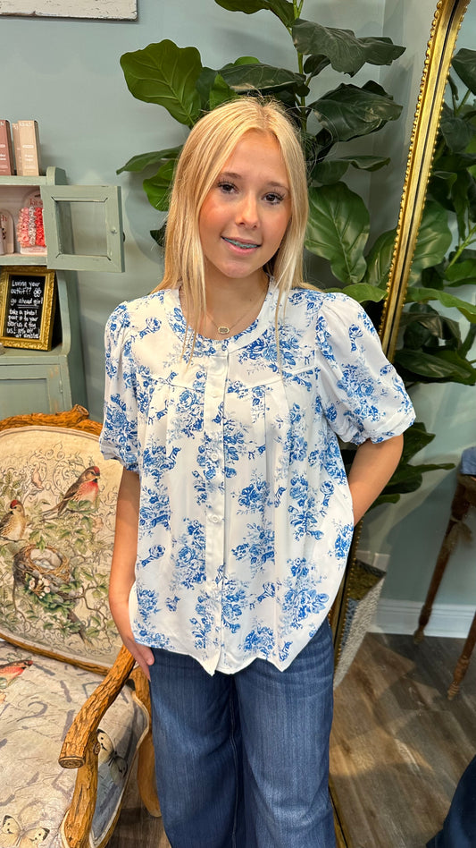 Blue Floral Print Flowy Button Down