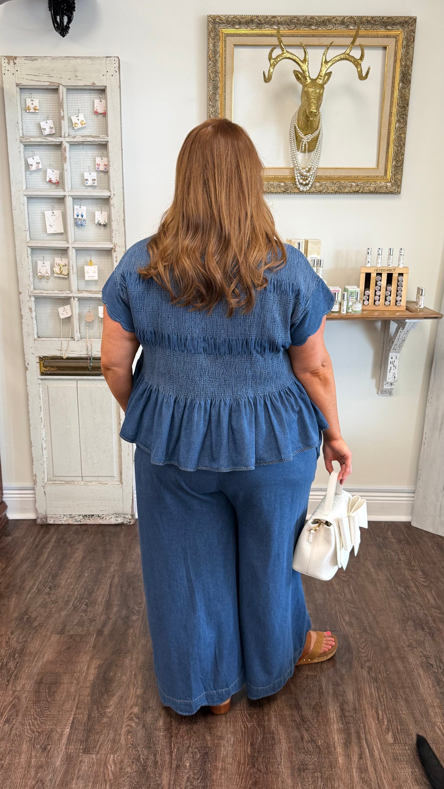 Chambray Smocked Peplum Top