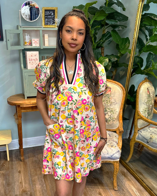 V-Neck Floral Print Dress with Pockets