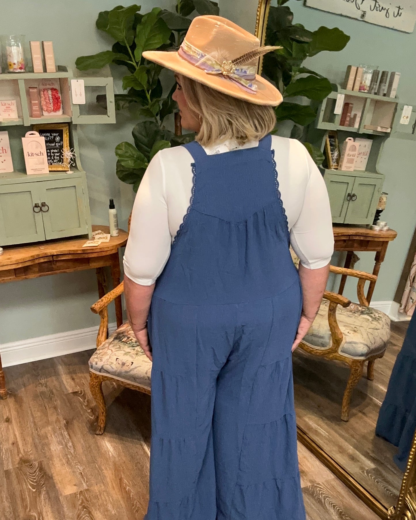 Denim Blue Overall with Tiered Wide Leg