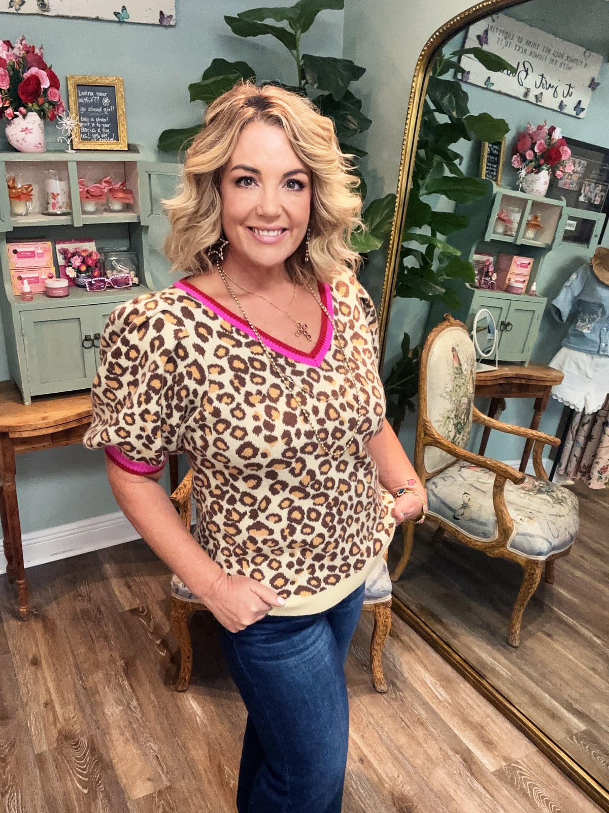 Leopard Puff Sleeve V-Neck Sweater