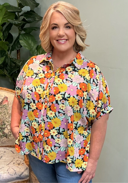 Multicolor Floral Short Sleeve Dolman Top