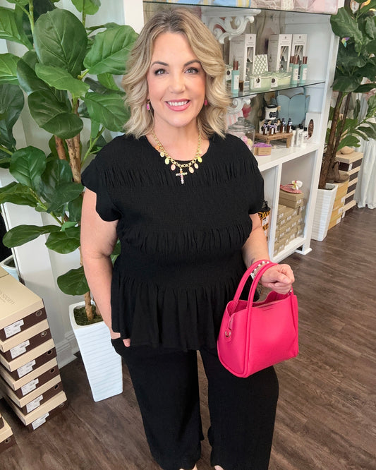 Linen Blend Scallop Hem Pant - Black