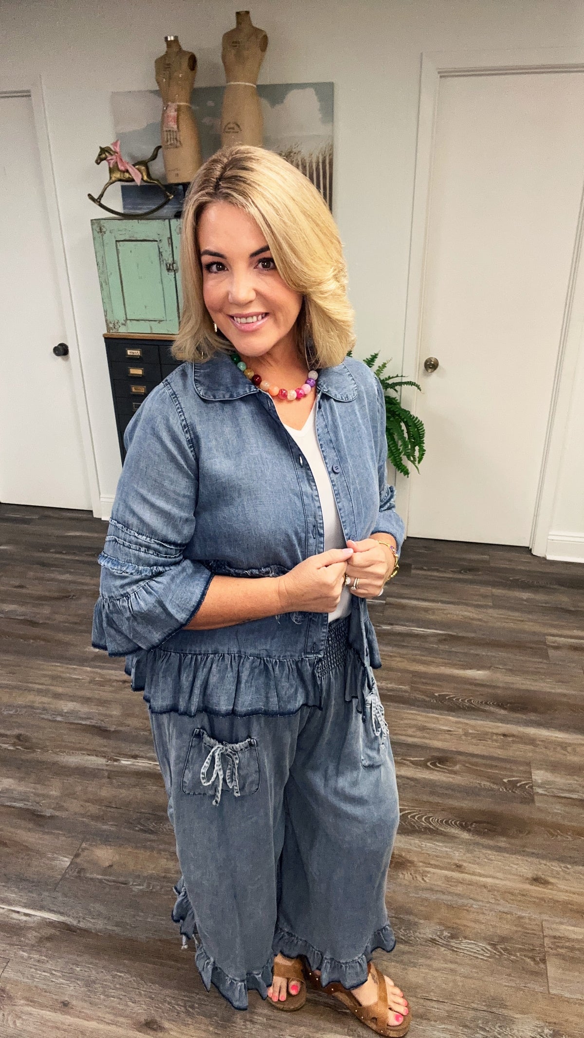 Chambray Shacket with Ruffles