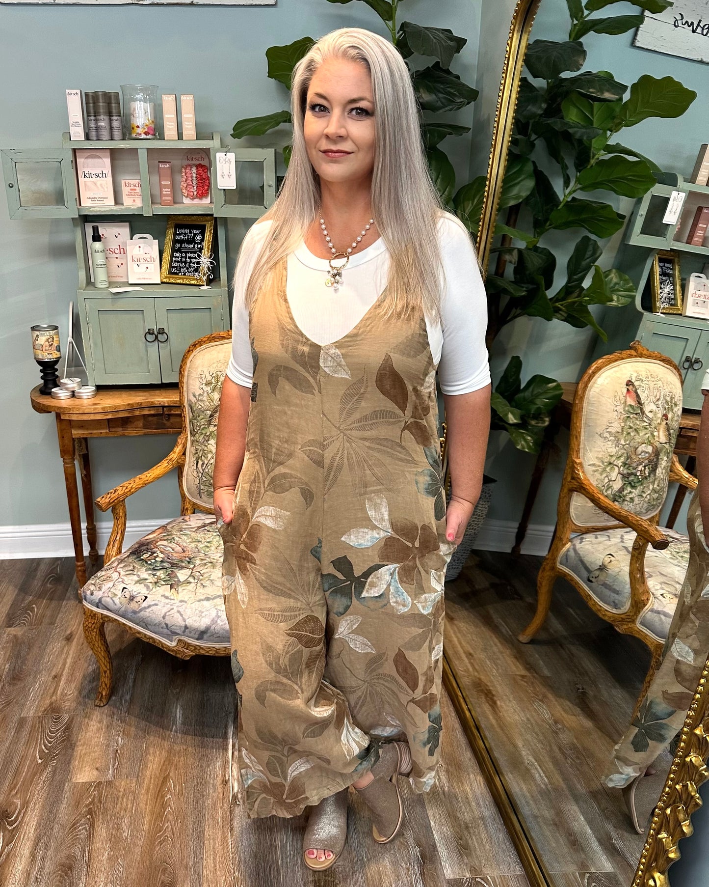 Camel Printed Linen Romper