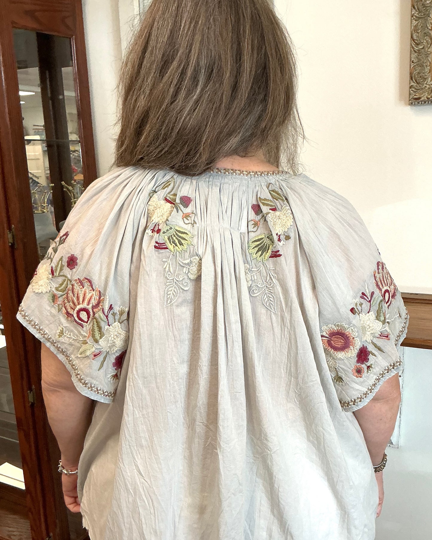 V-neck Tie and Multicolor Floral Embroidery