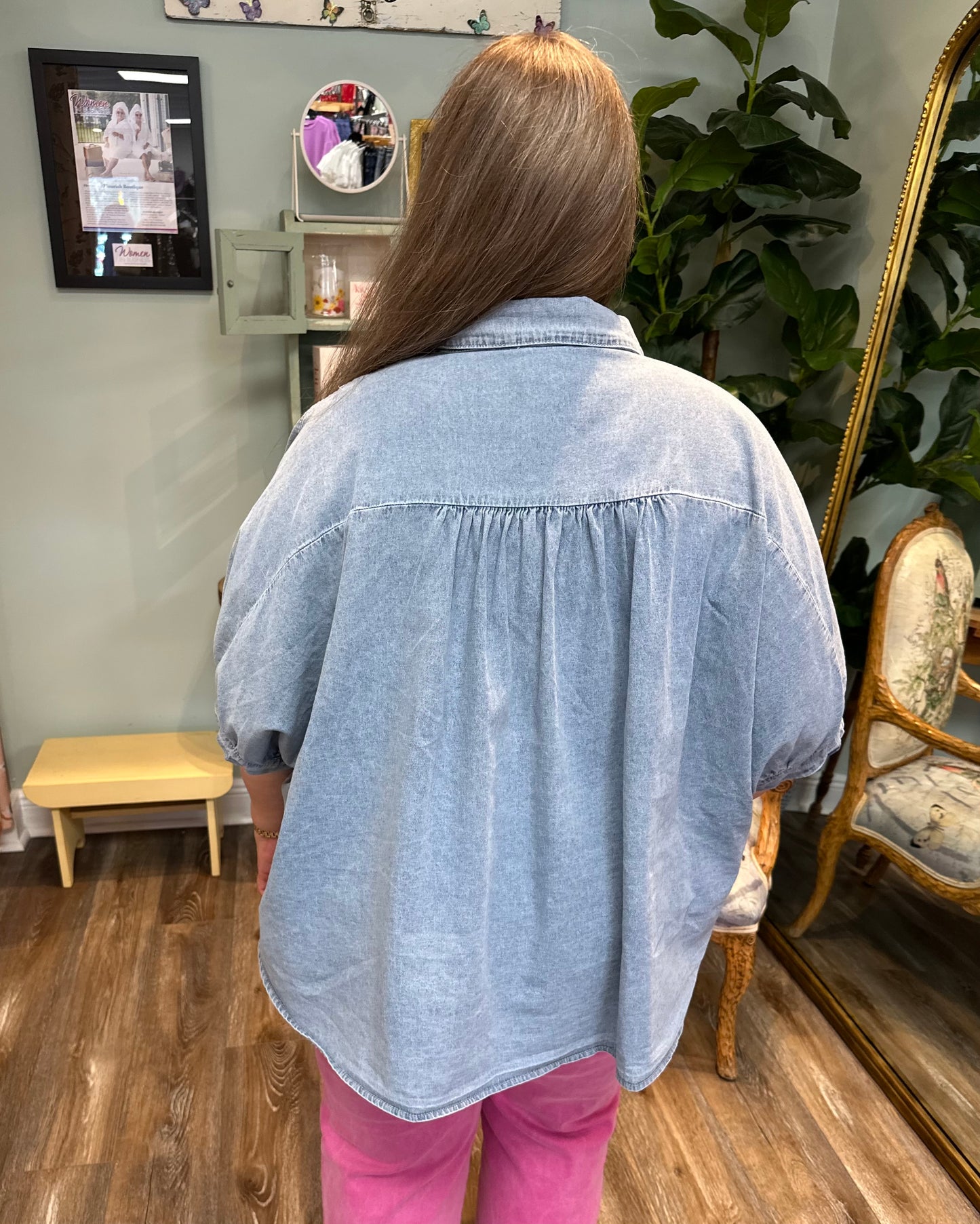 Washed Denim Frayed Edge Star Patch Top