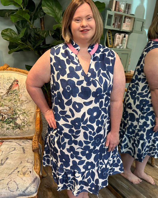 Blue Floral V-neck Dress With Pink Collar