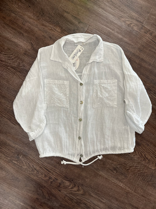 Sequin Detail White Linen Top