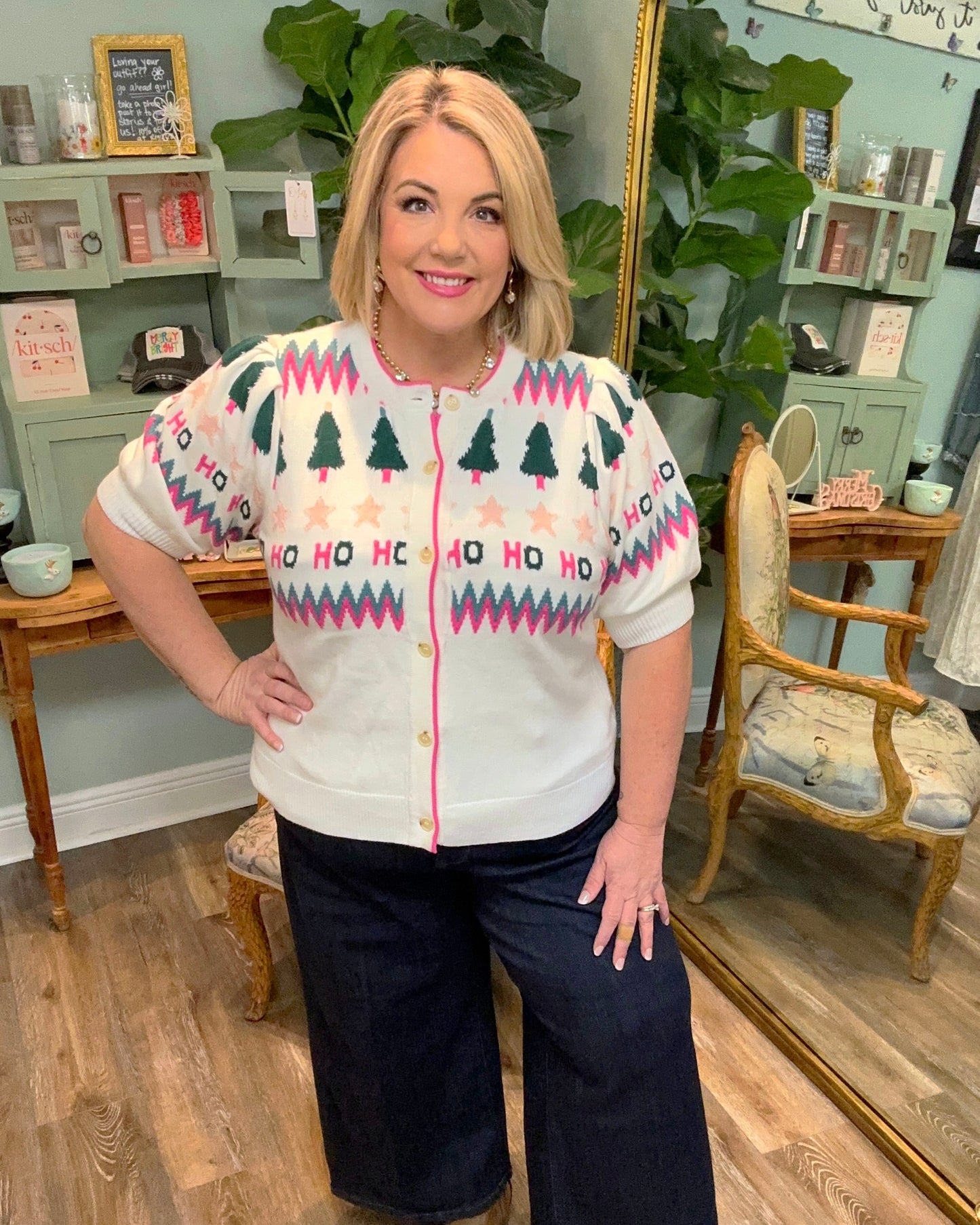 Festive Crew Neck Button Up - Plus