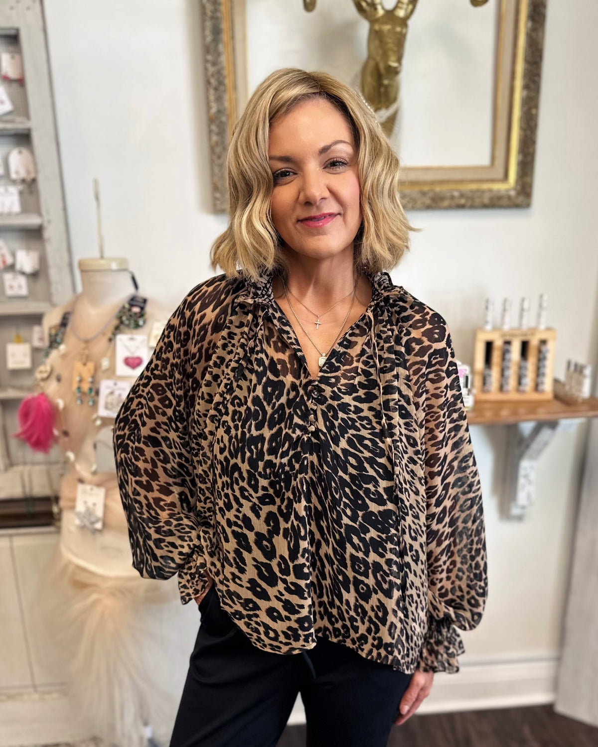 Sheer Leopard Peasant Blouse