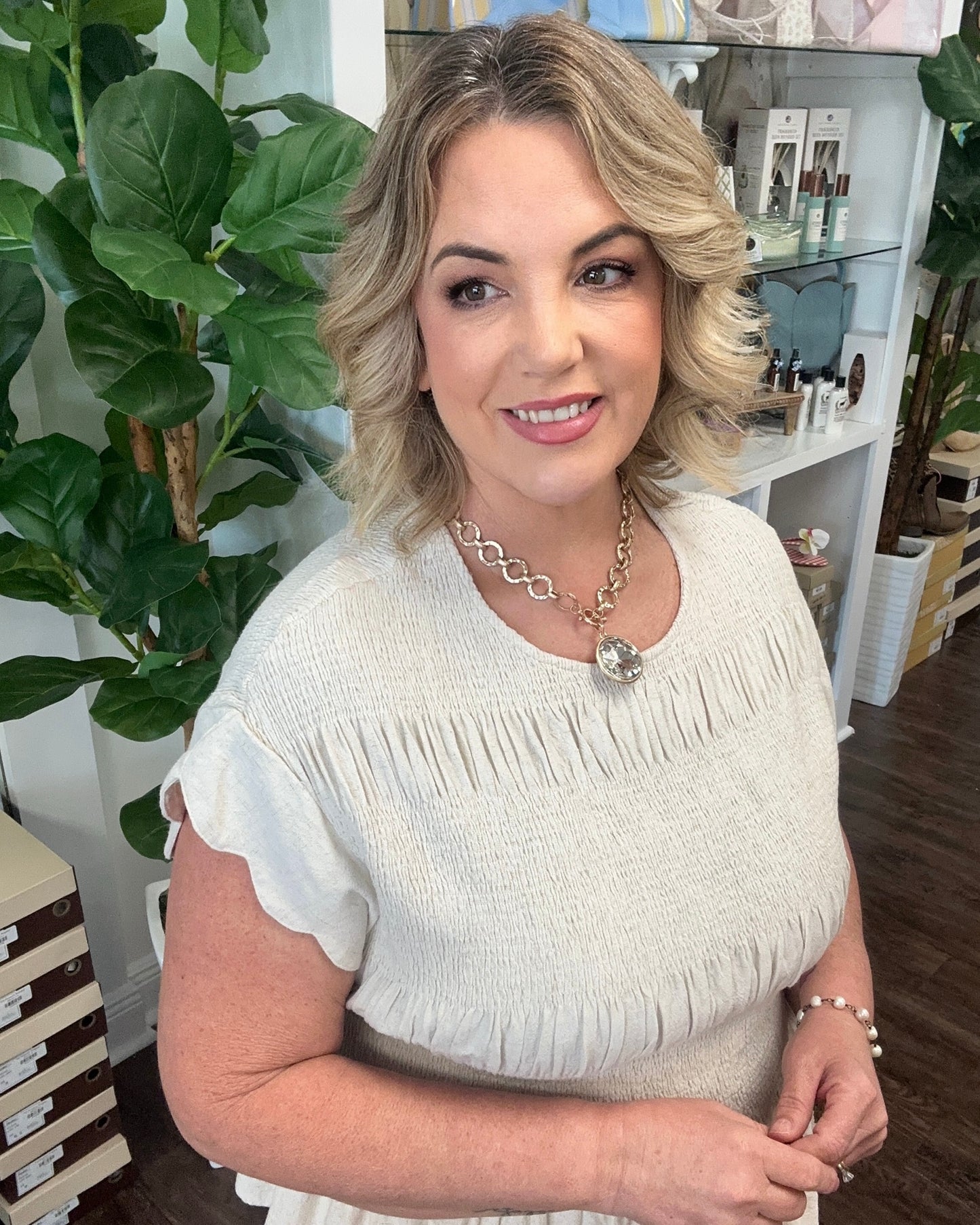 Linen Blend Smocked Peplum