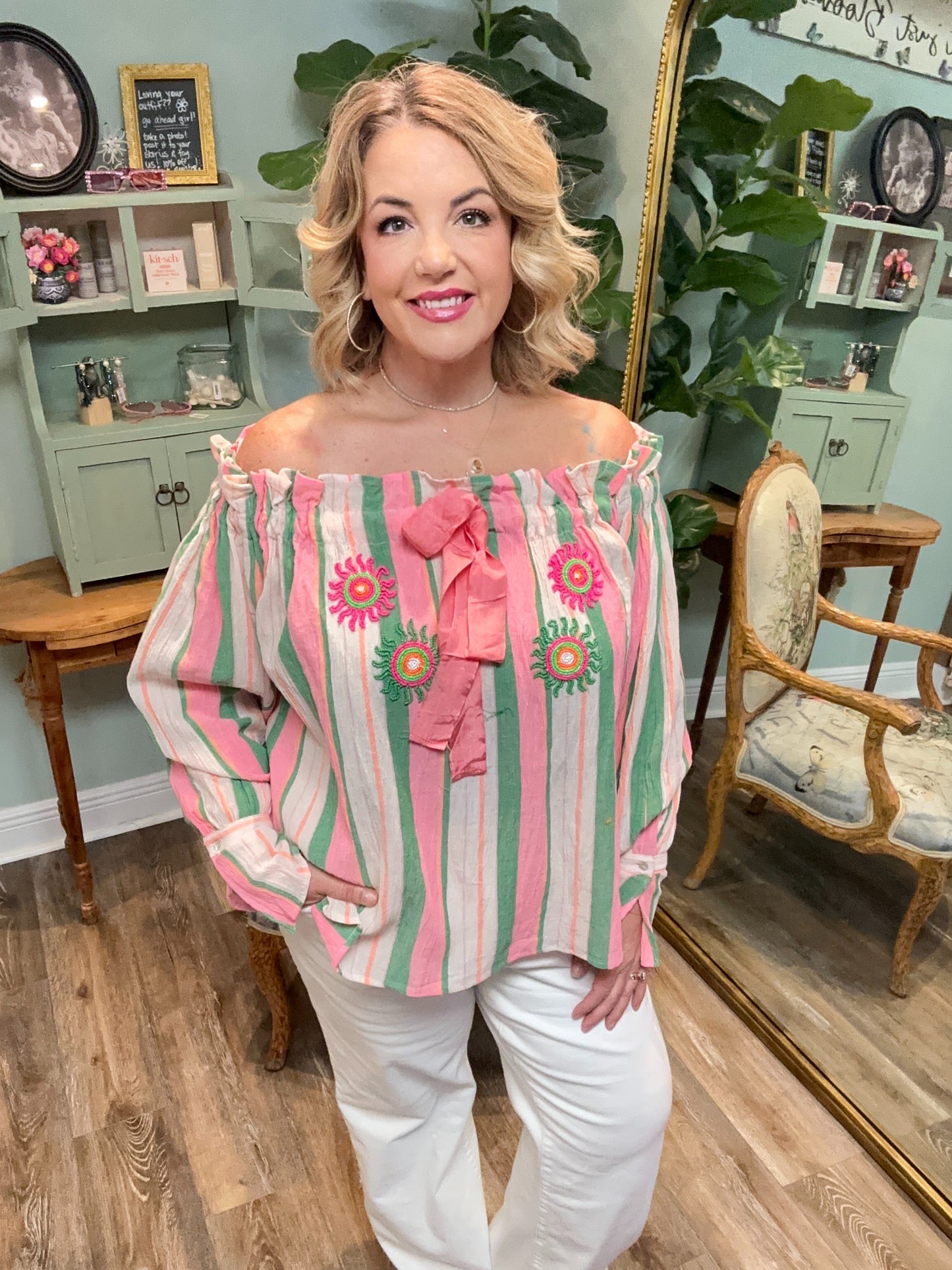 Chloe Pink & Green Striped Top