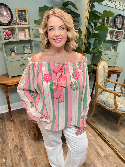 Chloe Pink & Green Striped Top
