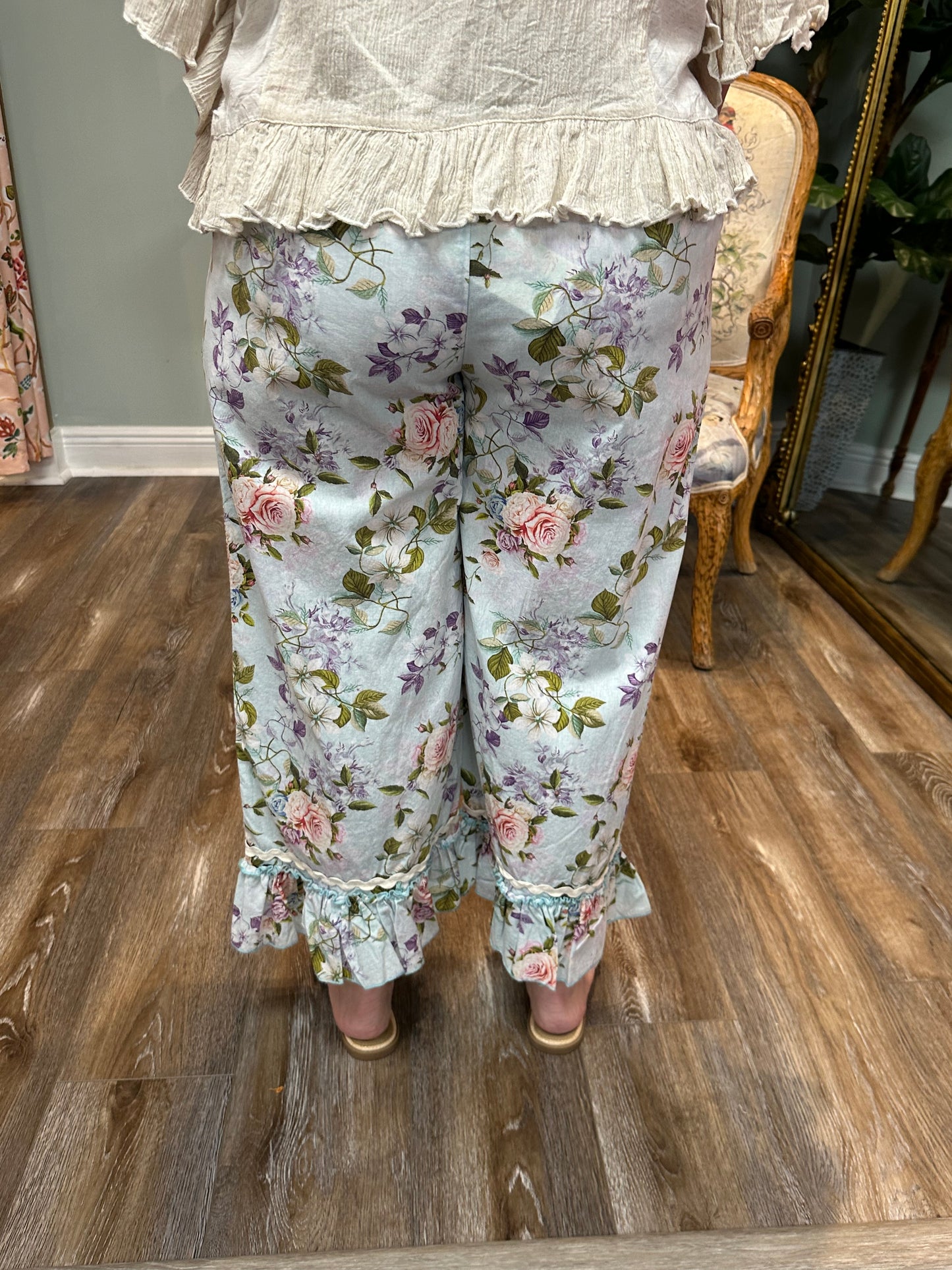 Light Blue Floral Ruffle Pants
