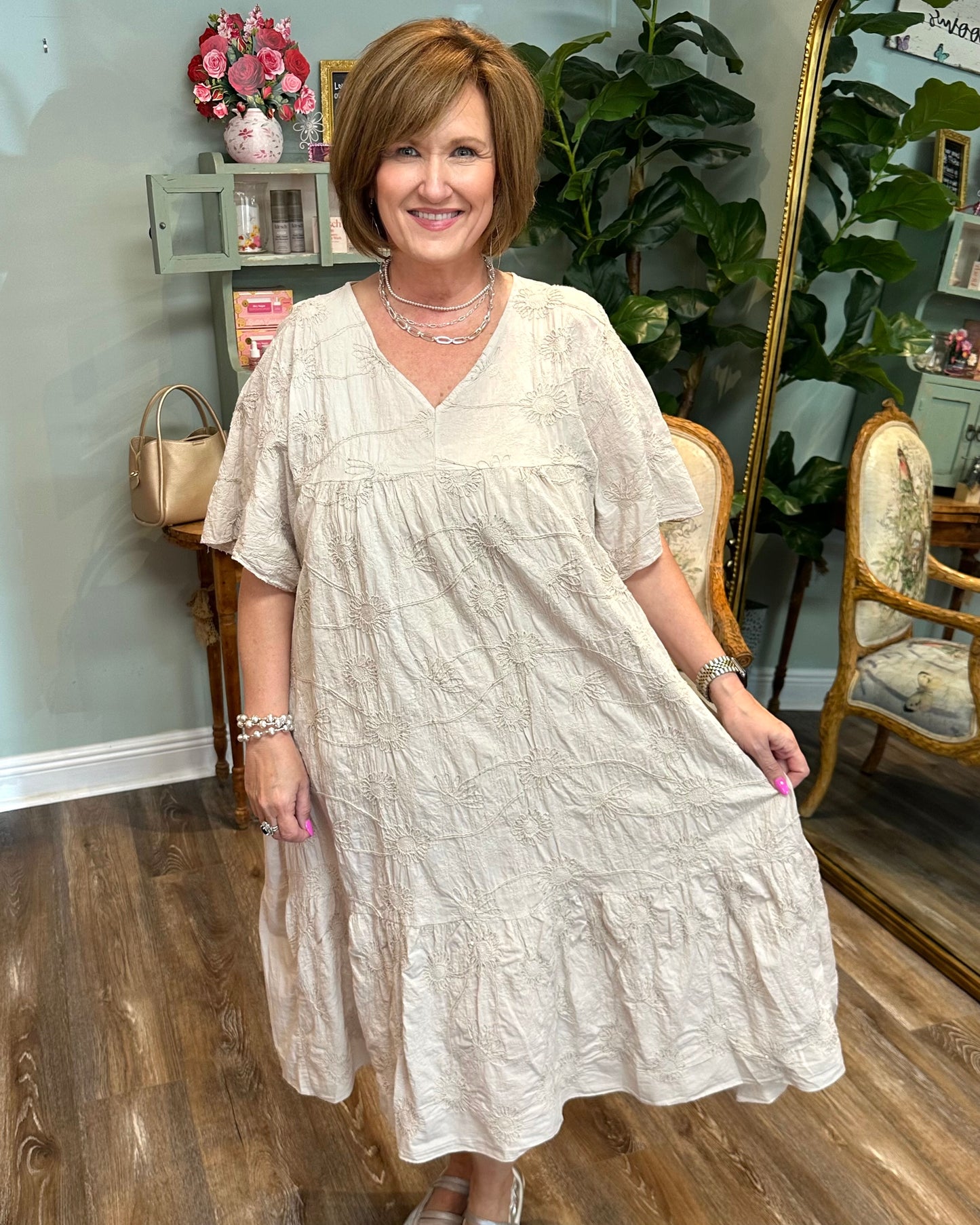 Flowy Embroidered Floral Shimmer Dress