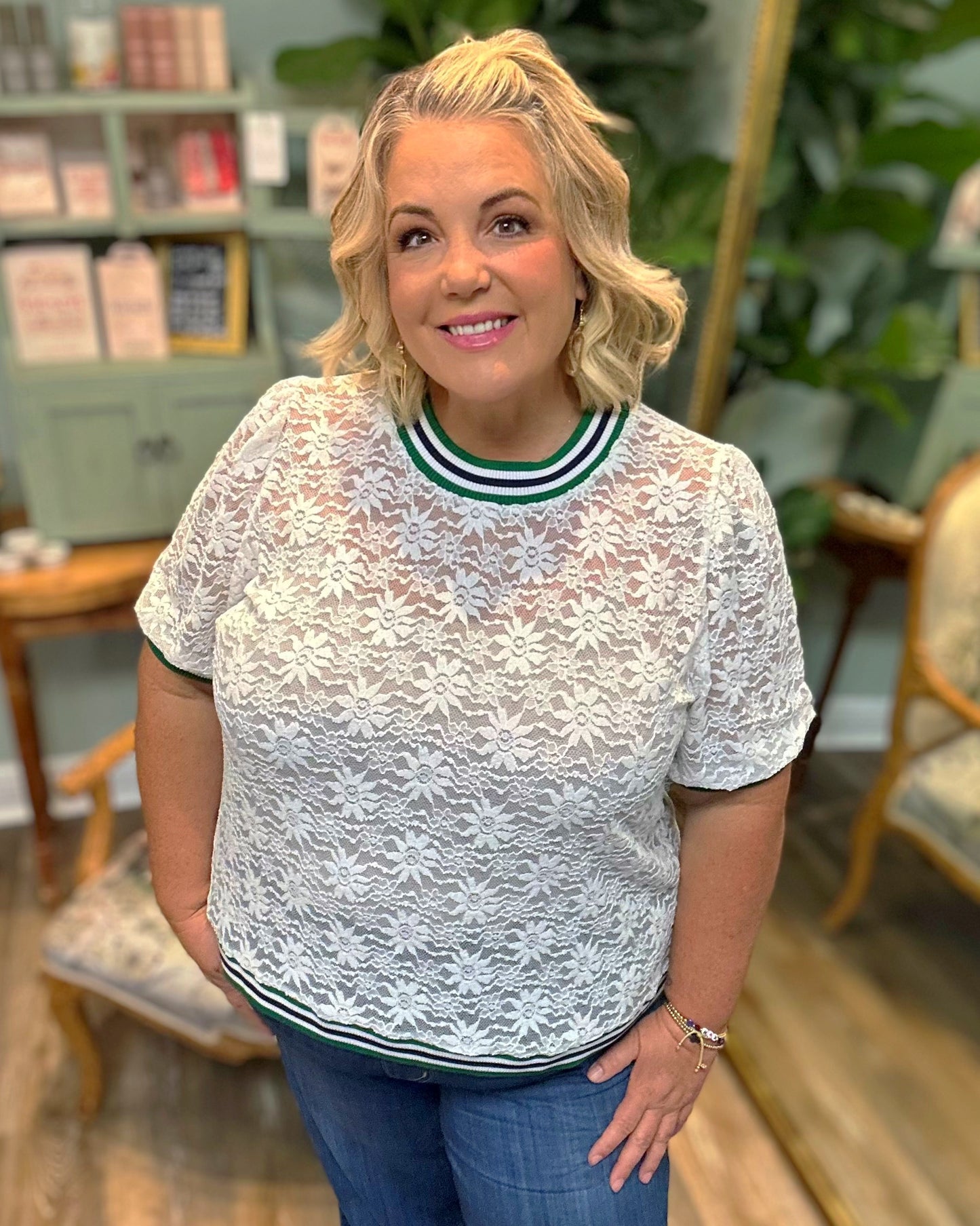 Stripe Trim Lace Top