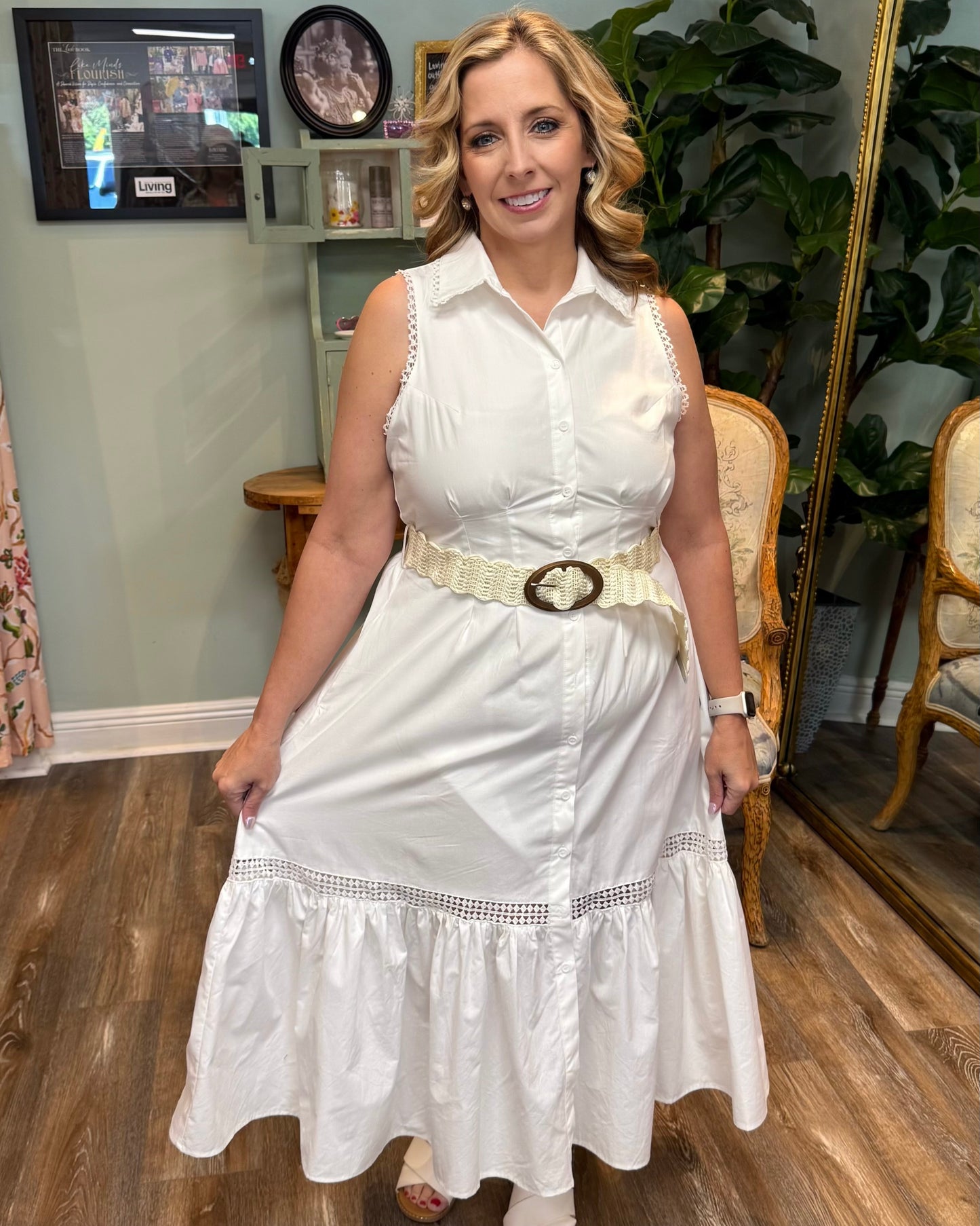 White Midi Dress with Lace Trim