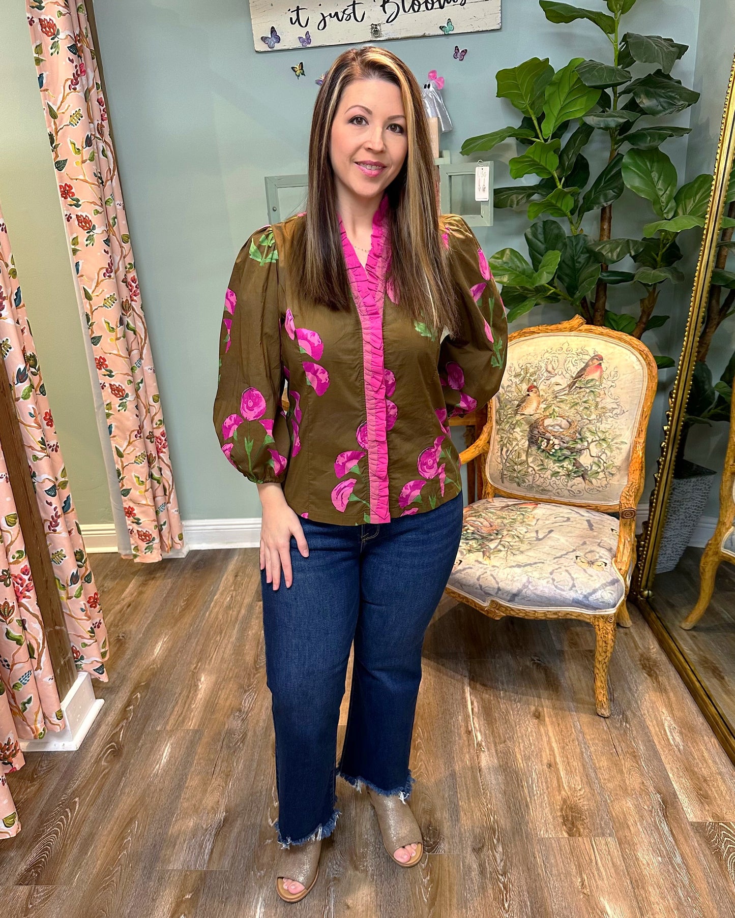 Mocha Floral Print Ruffle Neck Top