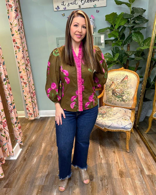 Mocha Floral Print Ruffle Neck Top