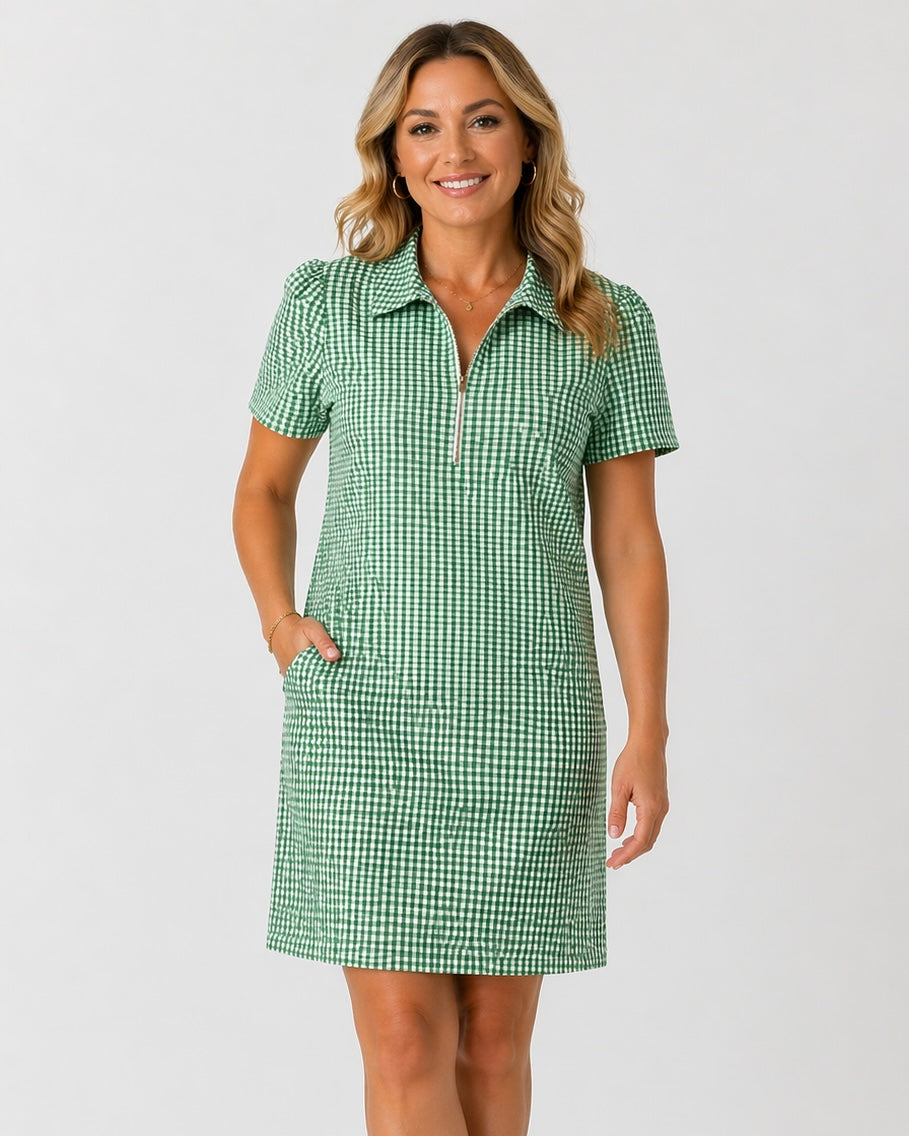 Green Gingham Half Zip Dress