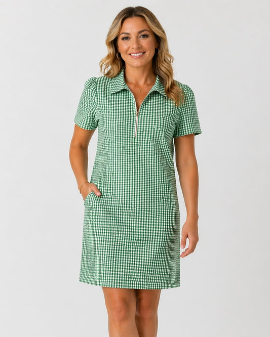 Green Gingham Half Zip Dress