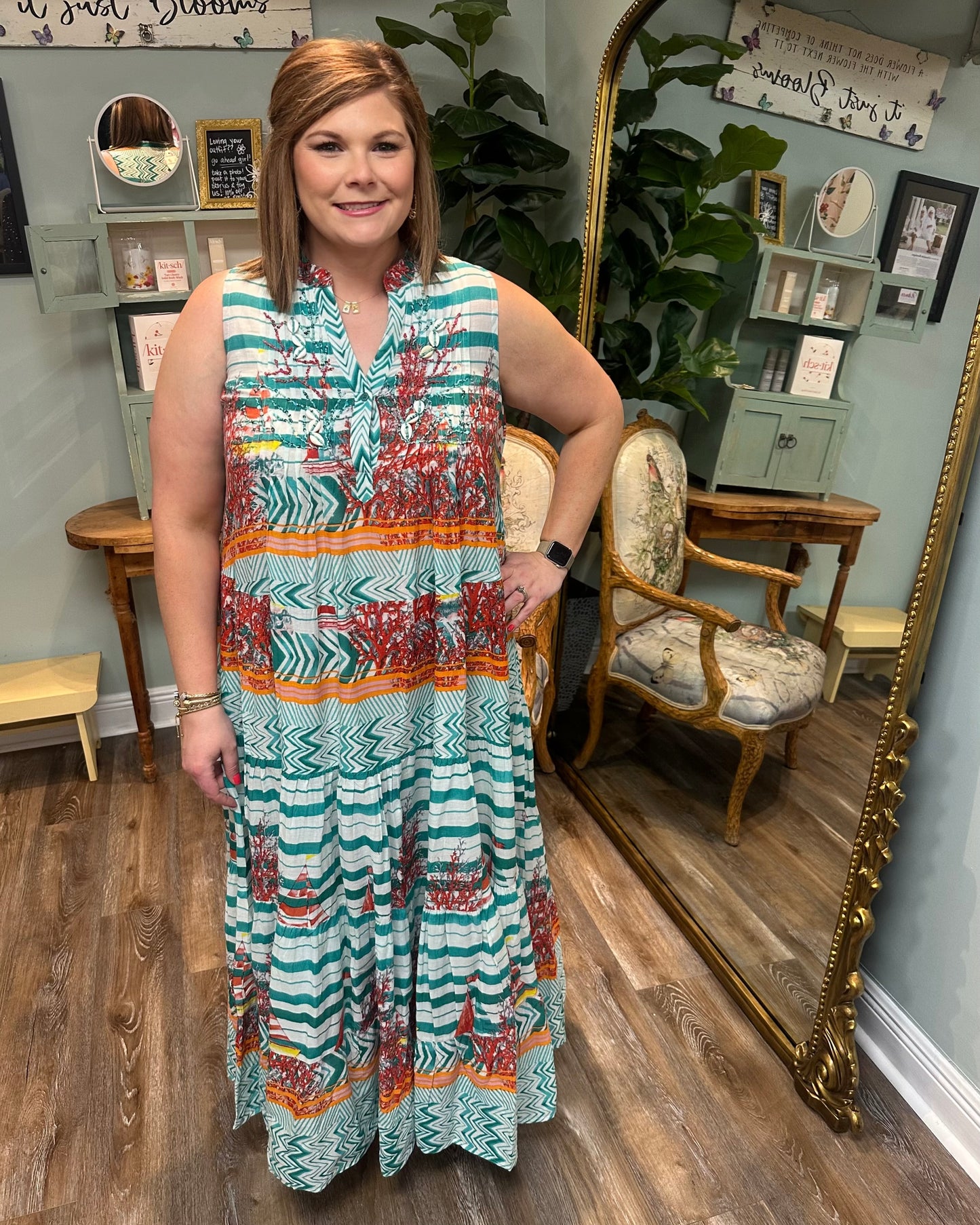 Teal Multi Color Aztec Inspired Print Dress