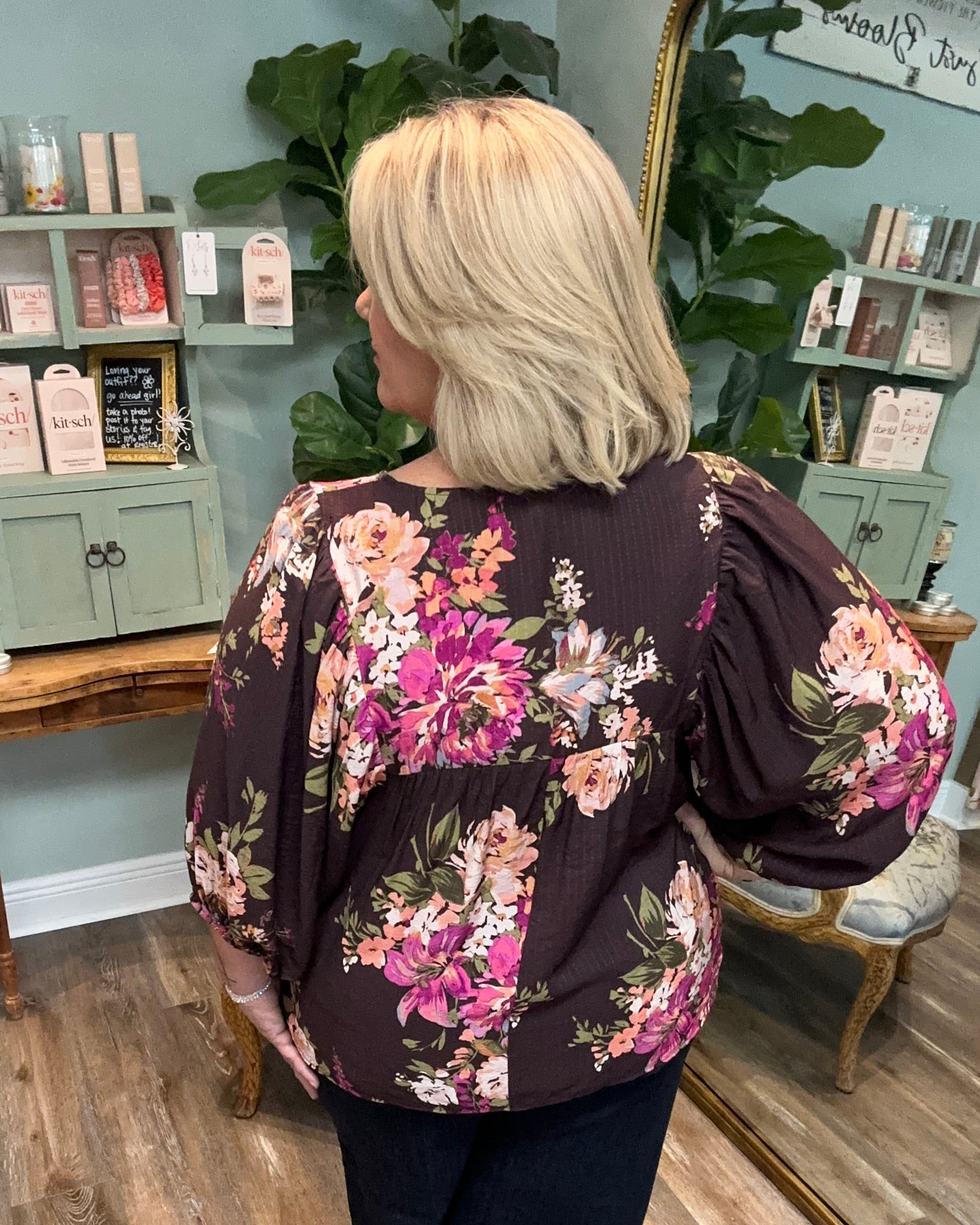 Mocha Floral Print Top with Tie