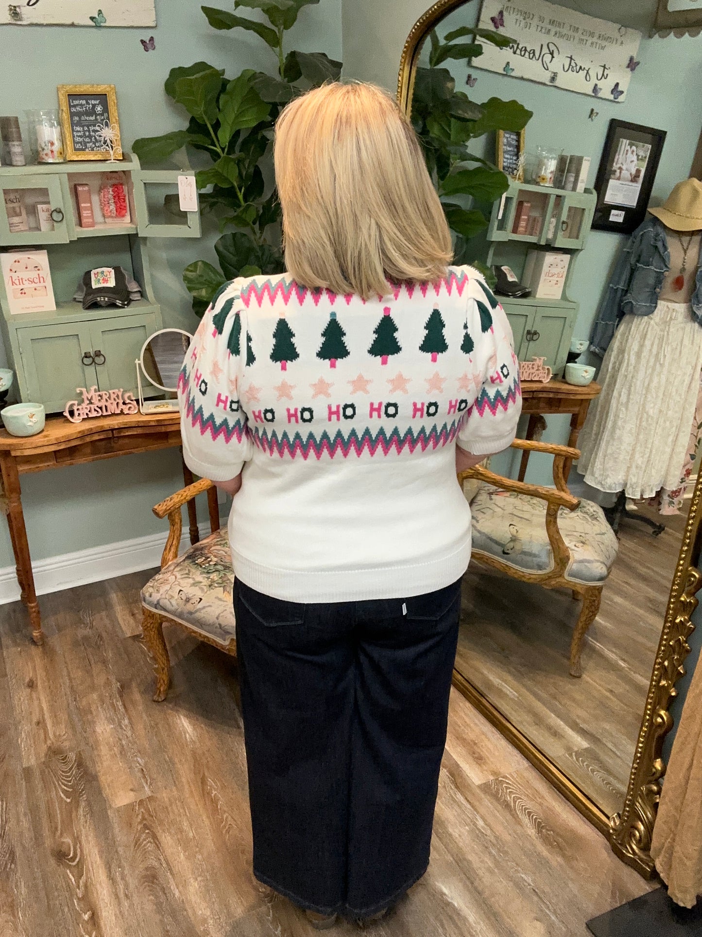 Festive Crew Neck Button Up - Plus