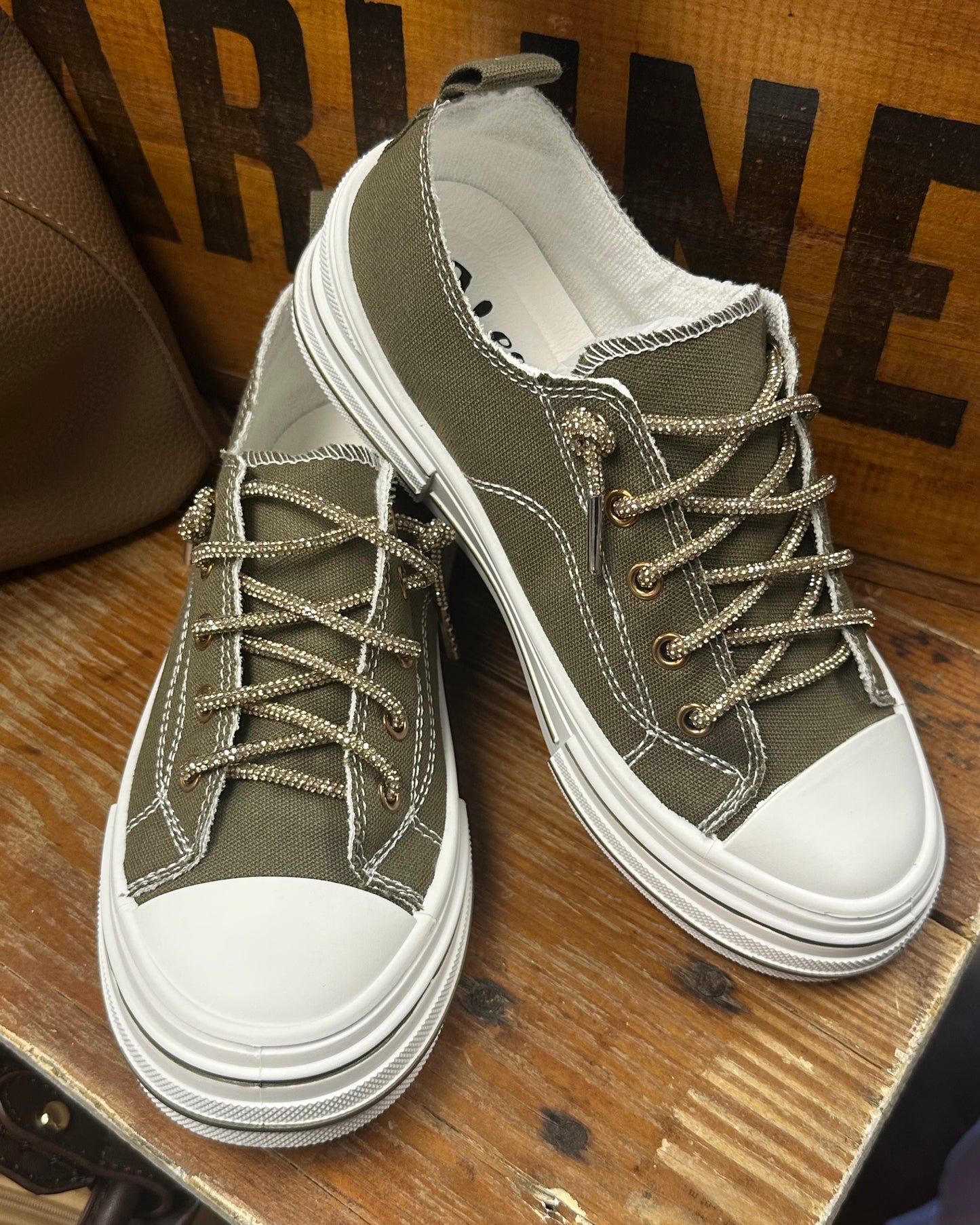 Olive "Kyla" Sneaker with Rhinestone Laces