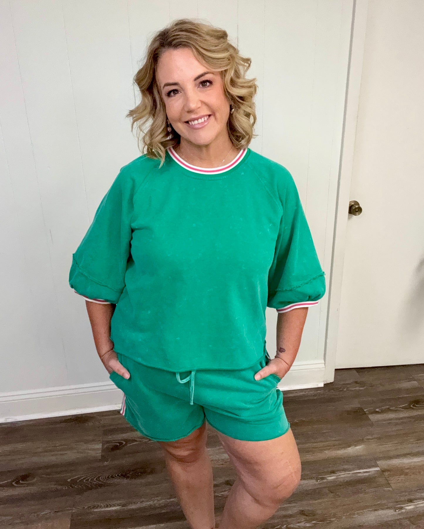 Green Cotton Top with Pink Stripe Detail