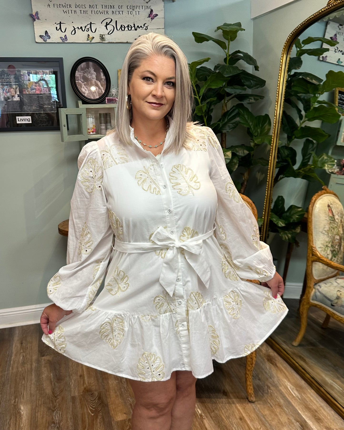 Gold Palm Leaf Print Dress