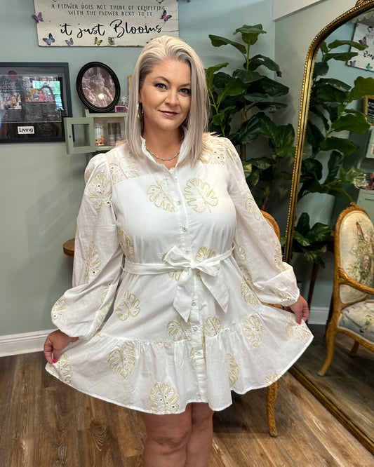 Gold Palm Leaf Print Dress