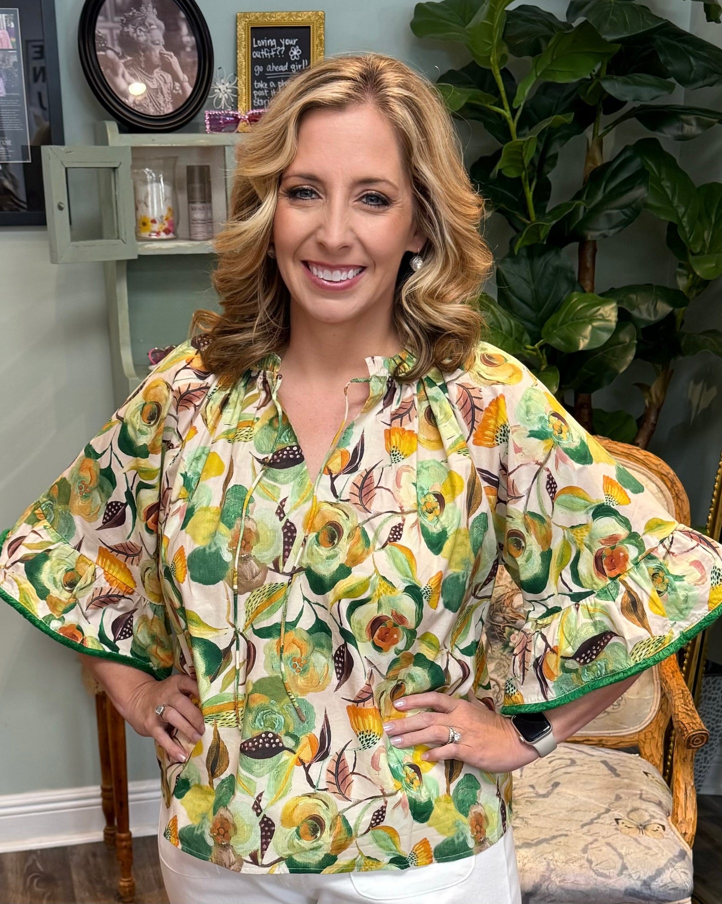Green Fringe Detail Floral Print Top