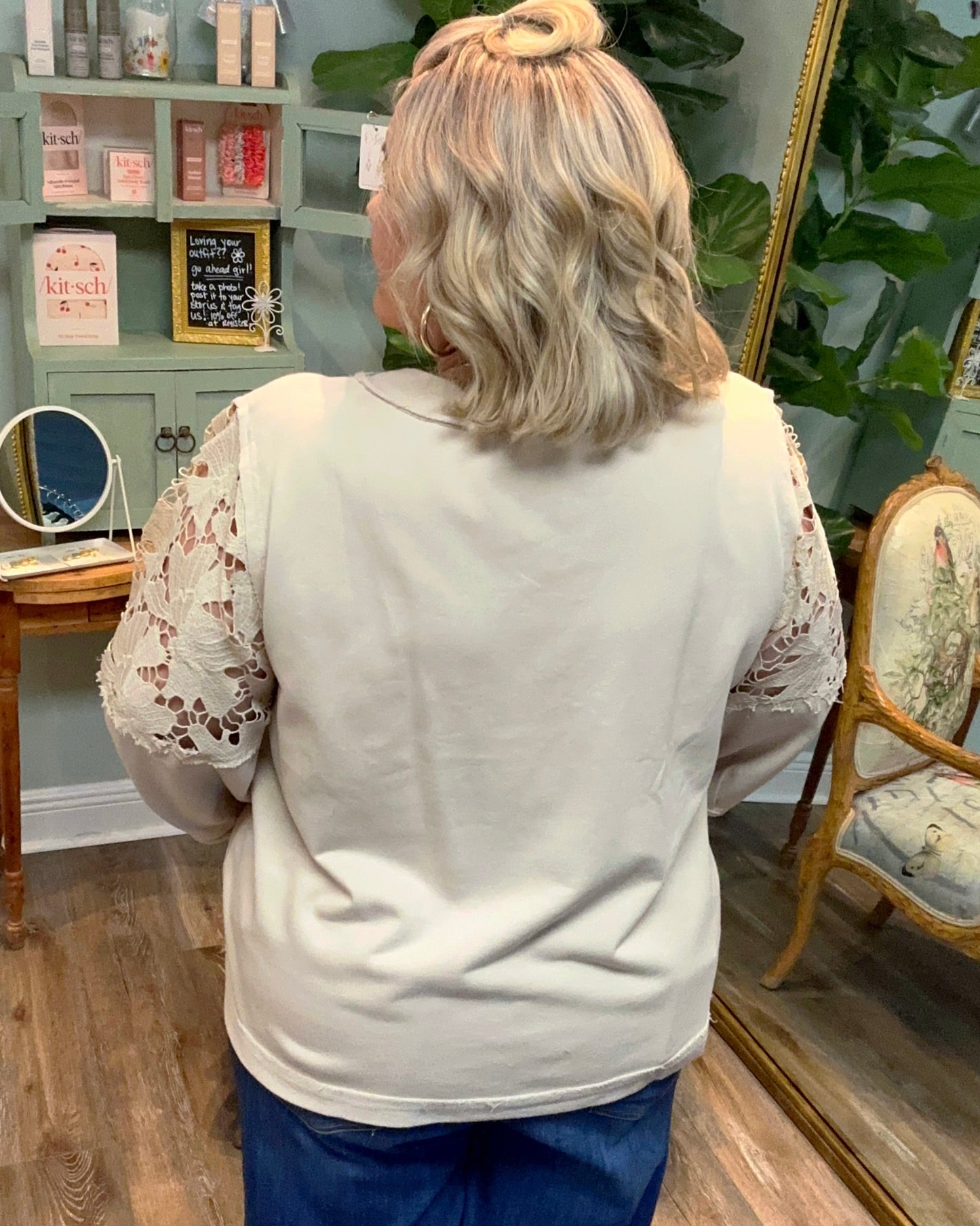 Almond Terry Knit Sweatshirt with Eyelet Sleeve