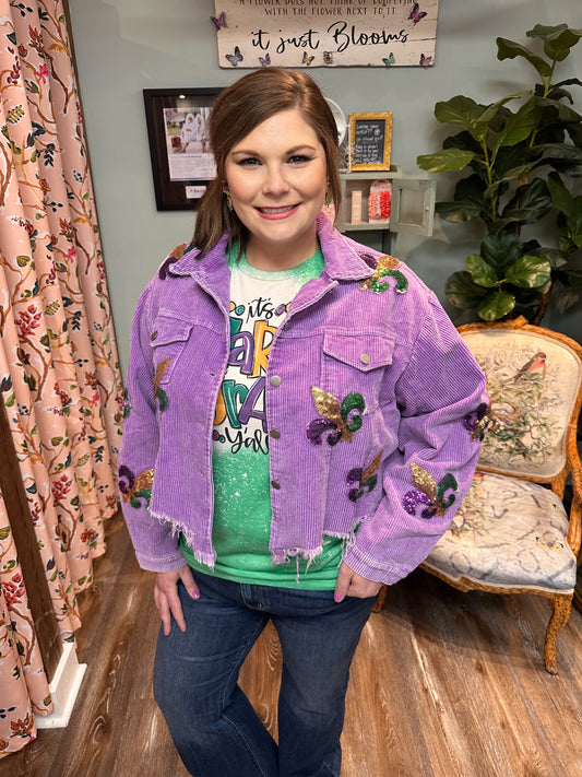 Fleur De Lis Sequin Patches Corduroy Jacket