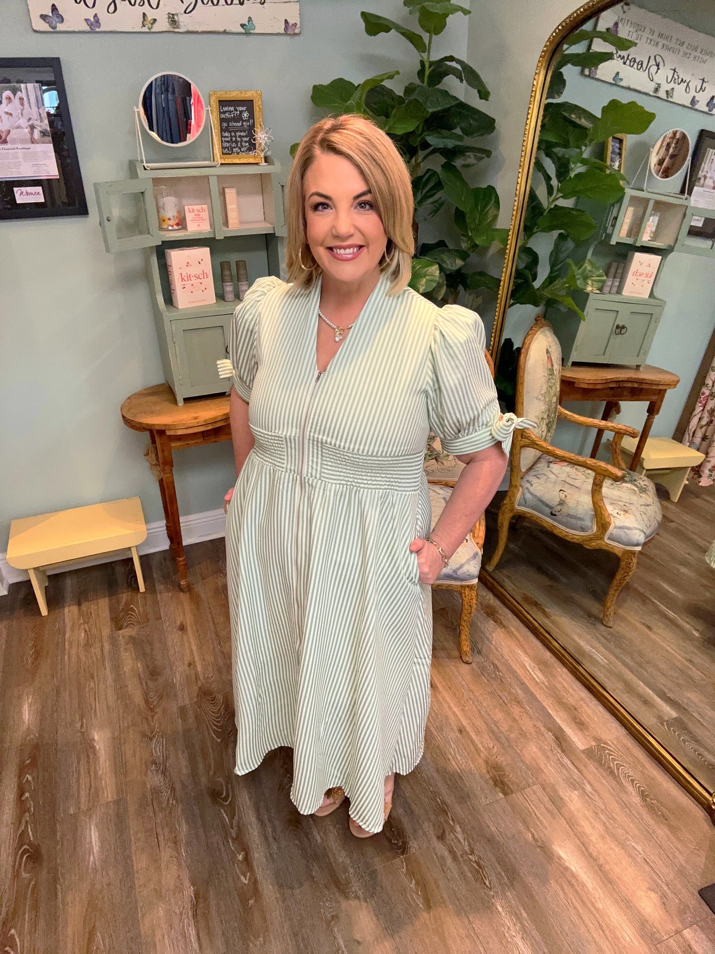 Sage and Cream Textured Stripe Dress