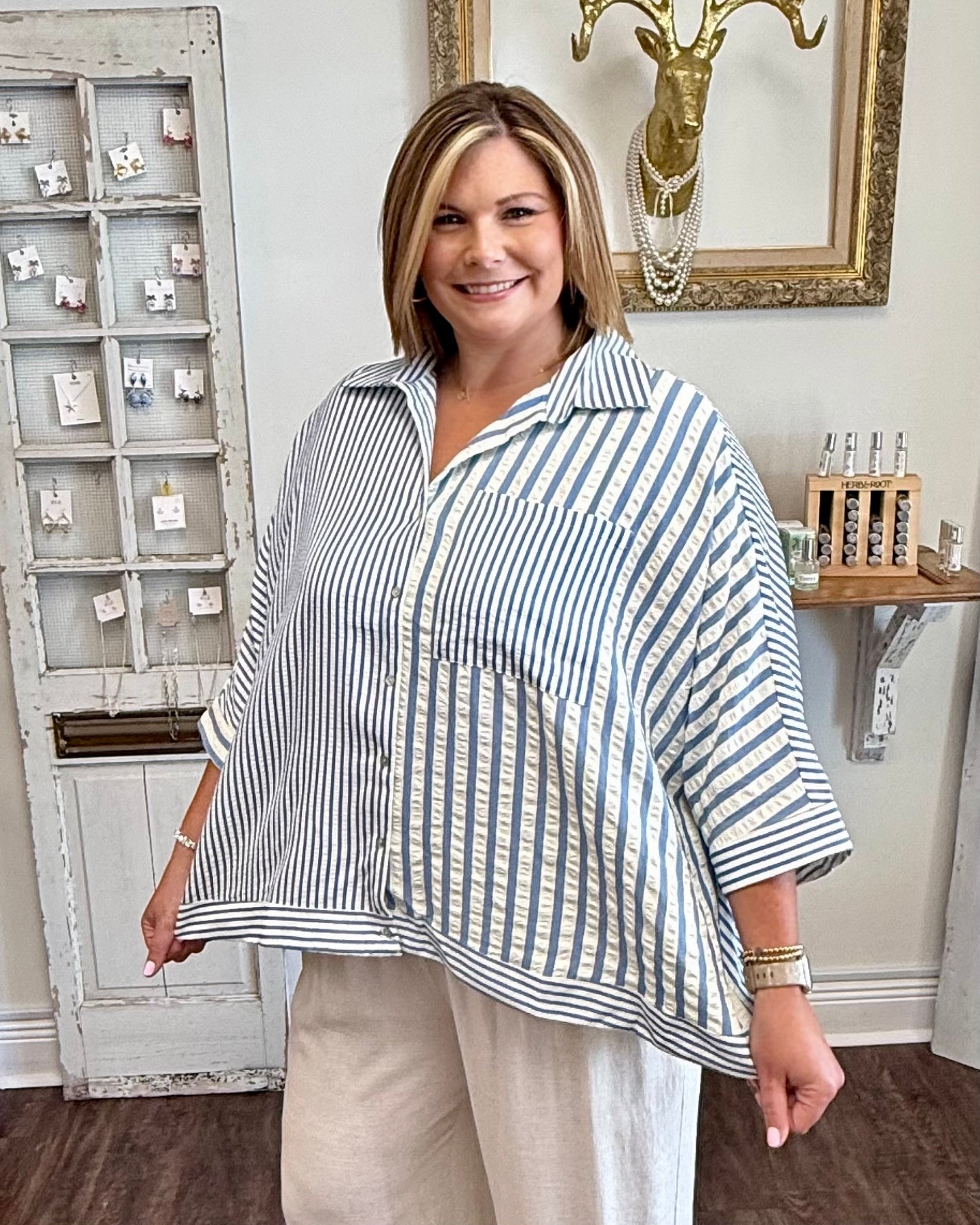 Mixed Stripe Oversized Button Down Top