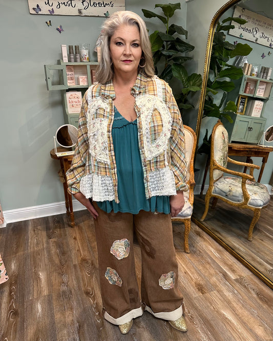 Tan Plaid Short Shacket with Peace Sign