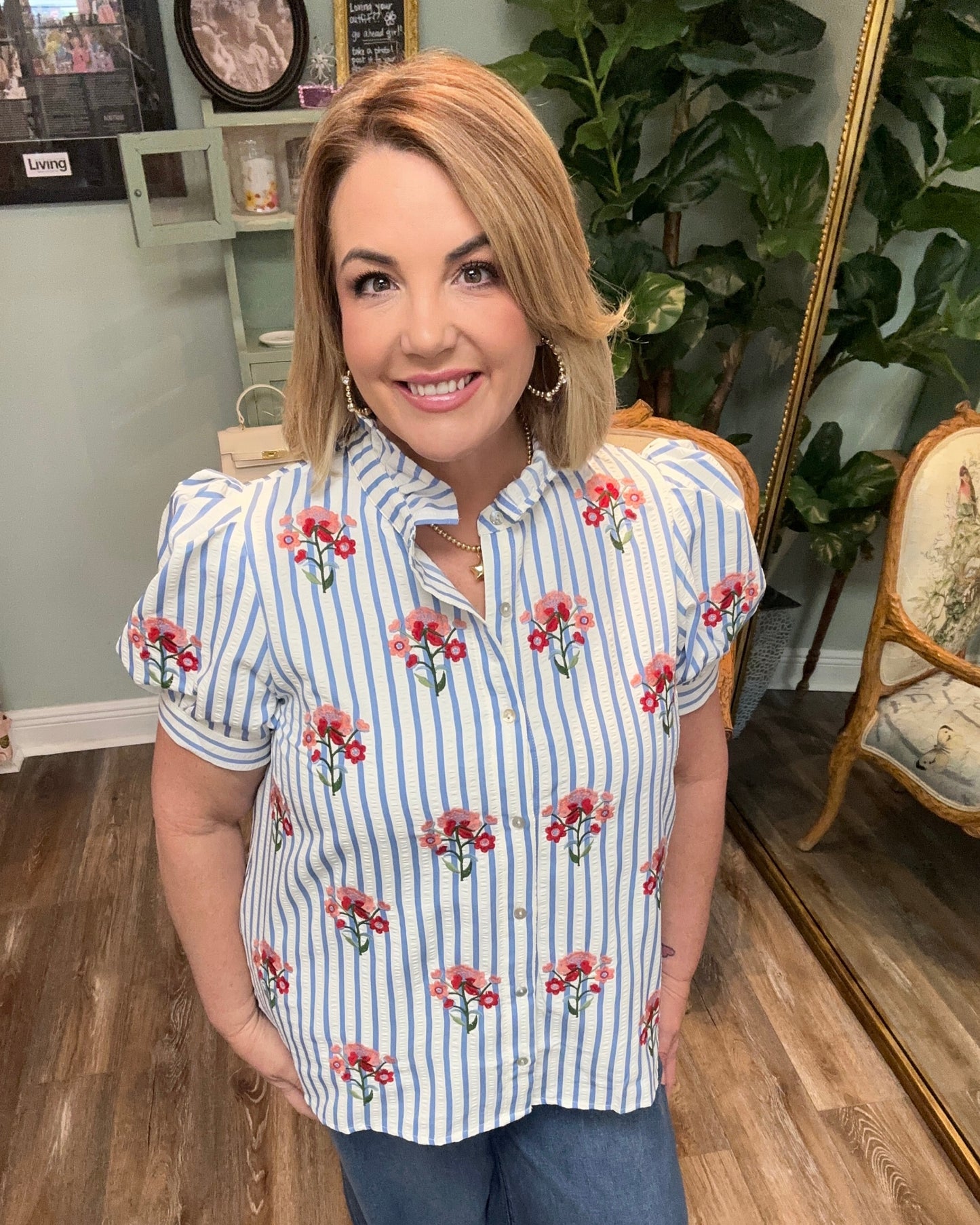 Striped Button Down Top with Embroidery