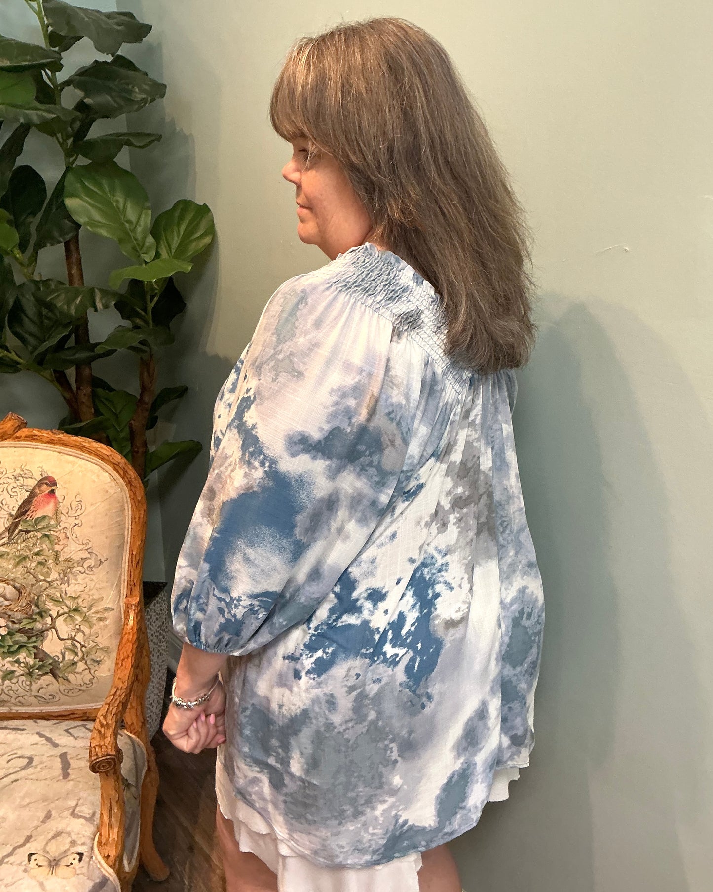 Blue Tie Dye Smocked V-neck