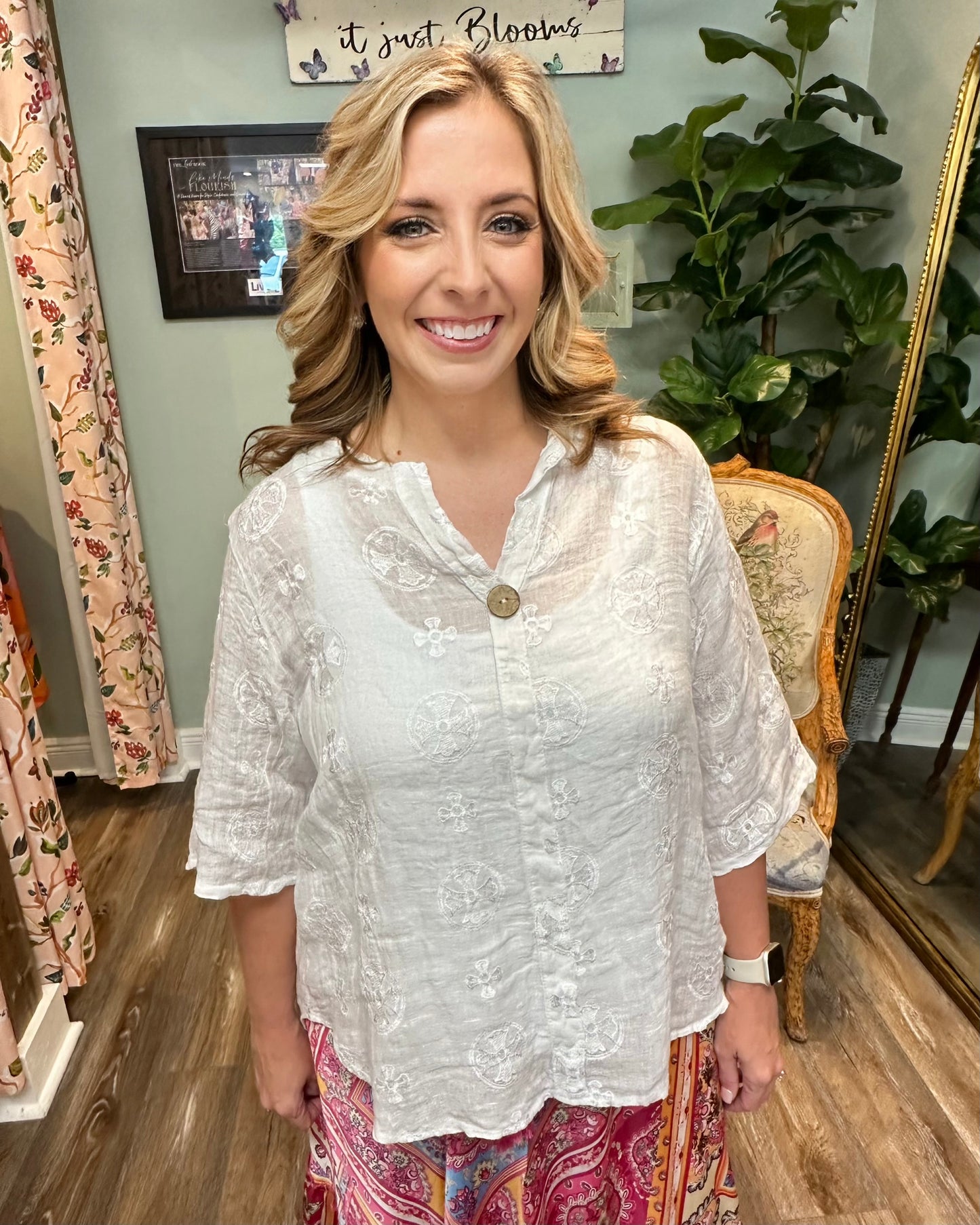 White Linen Blouse with Button