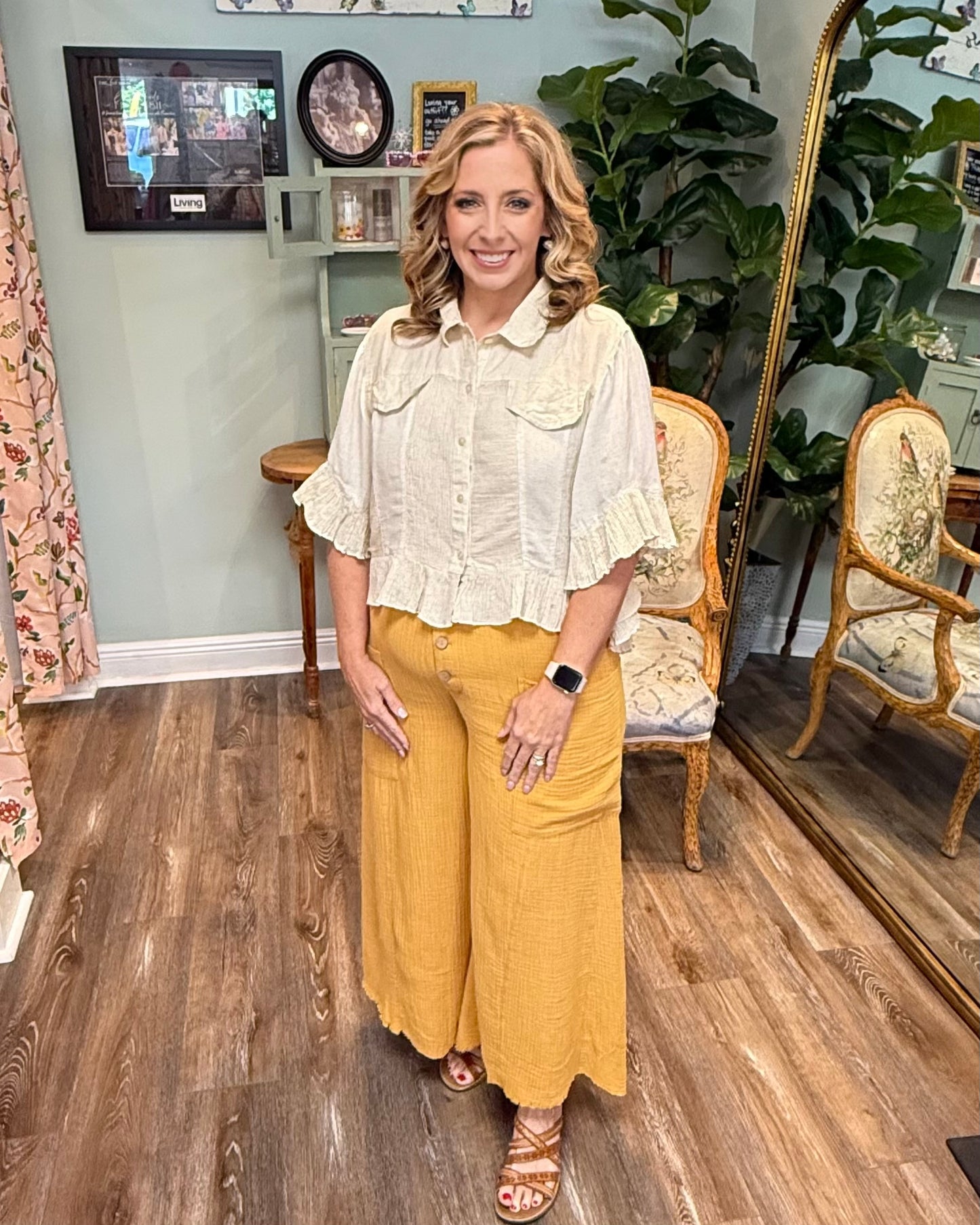 Washed Mustard Gauze Button Front Pants