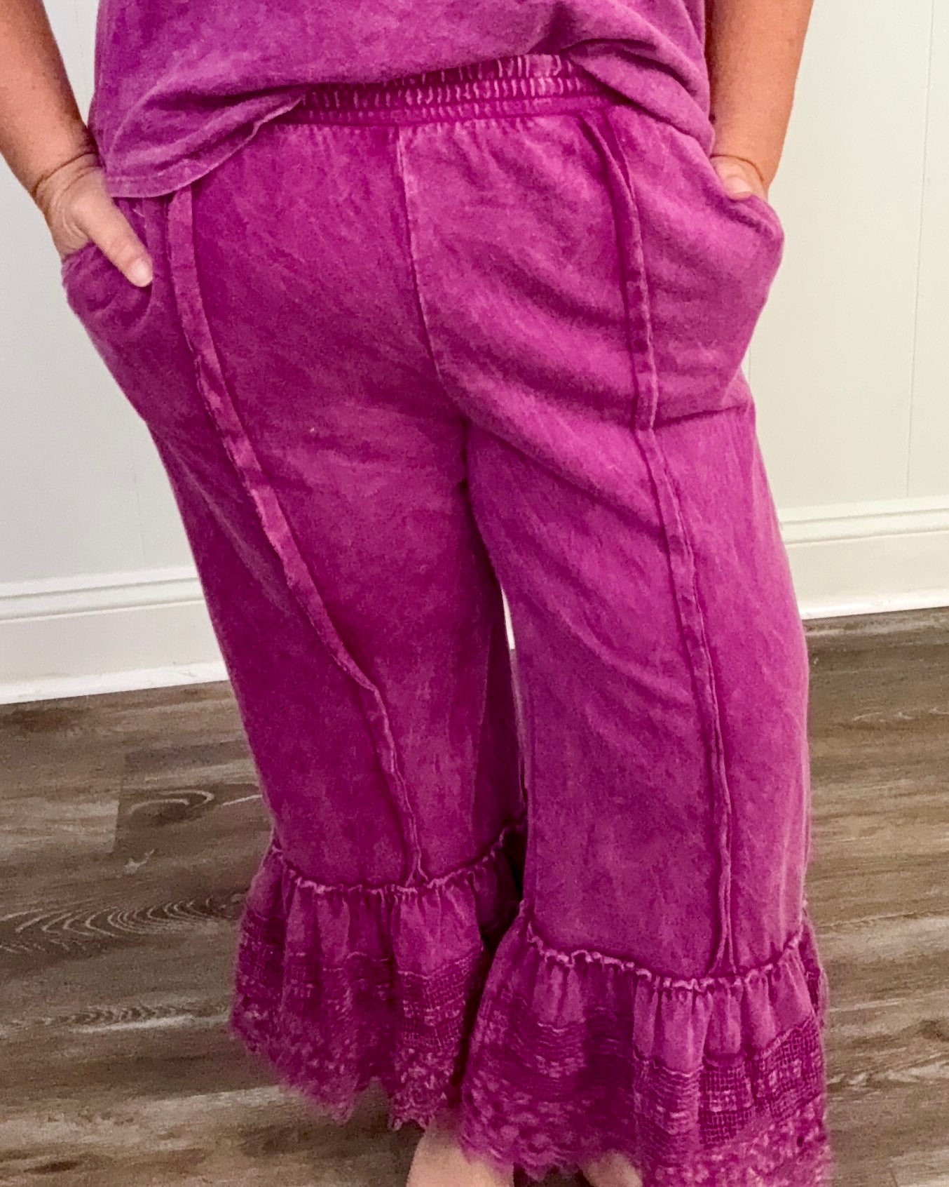 Mineral Washed Lace Trimmed Cropped Pant