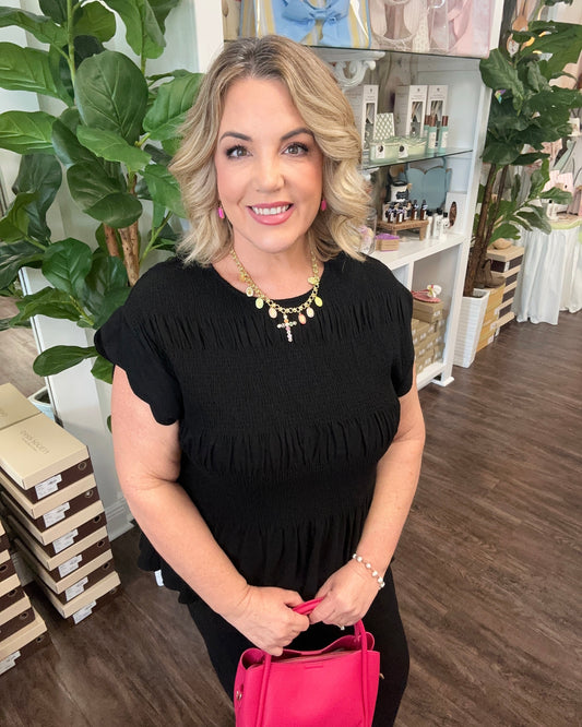 Black Linen Blend Smocked Peplum