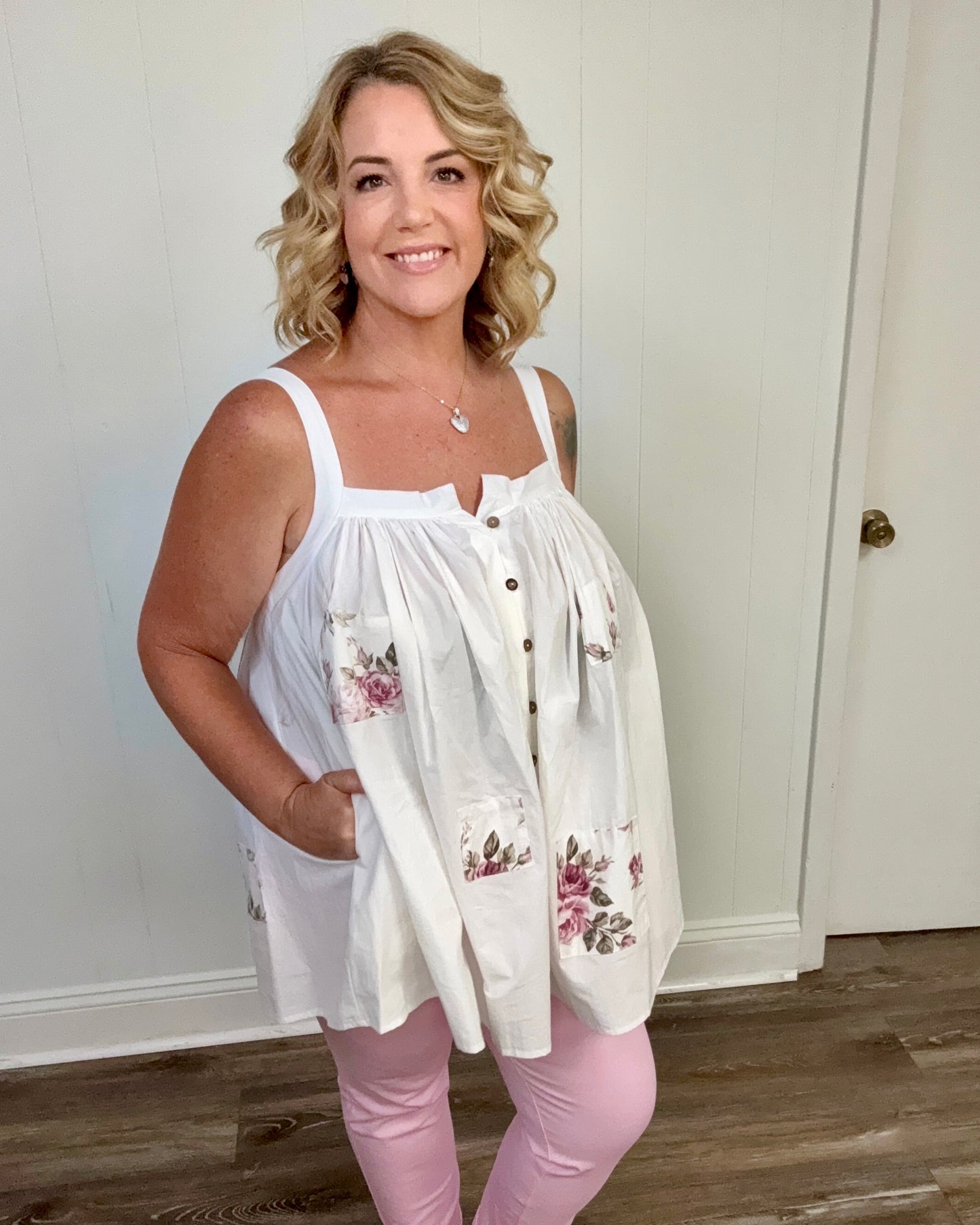 White Sleeveless Button Down Top with Flower Patches