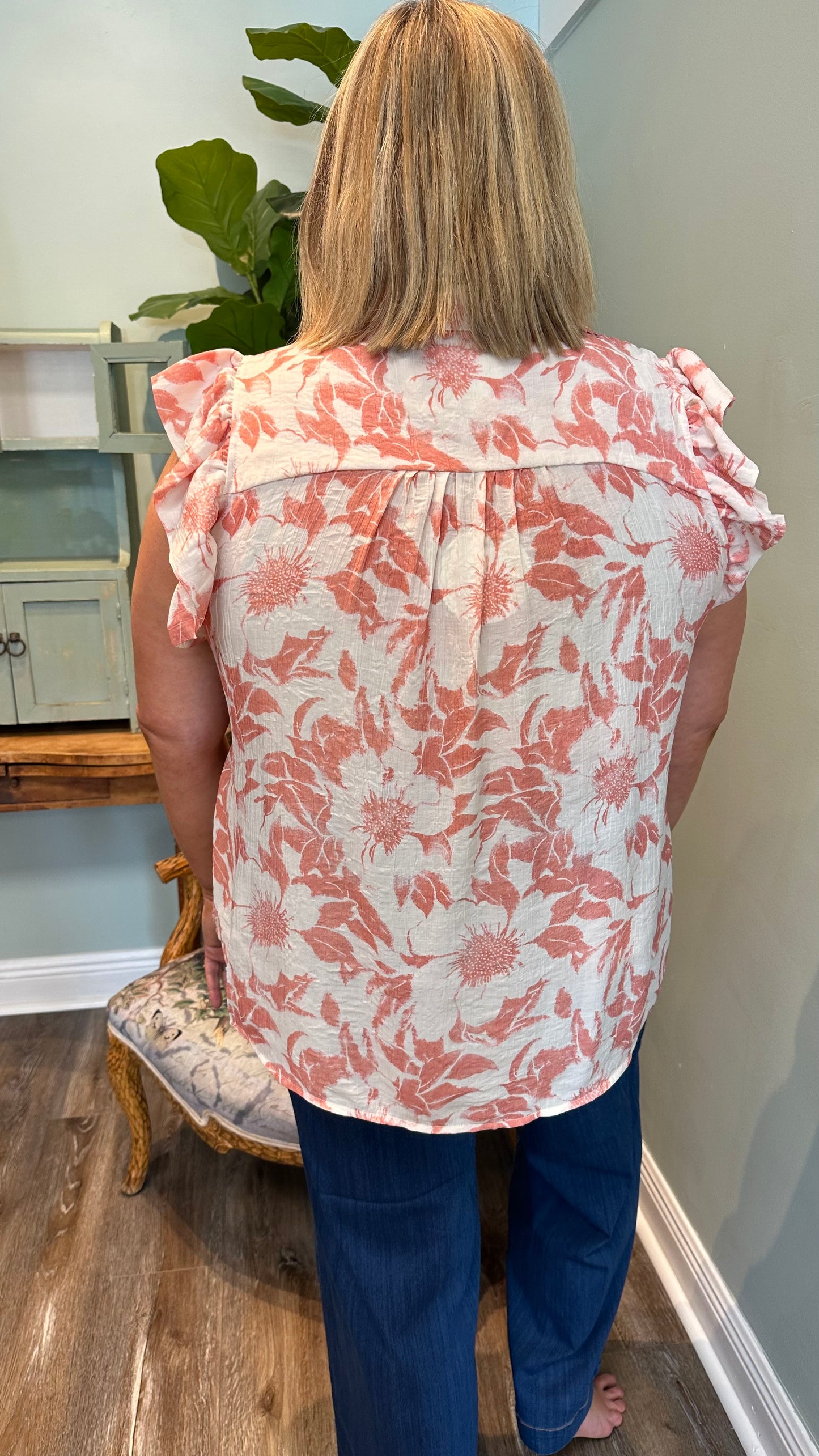 Coral Floral Ruffle Sleeve Top