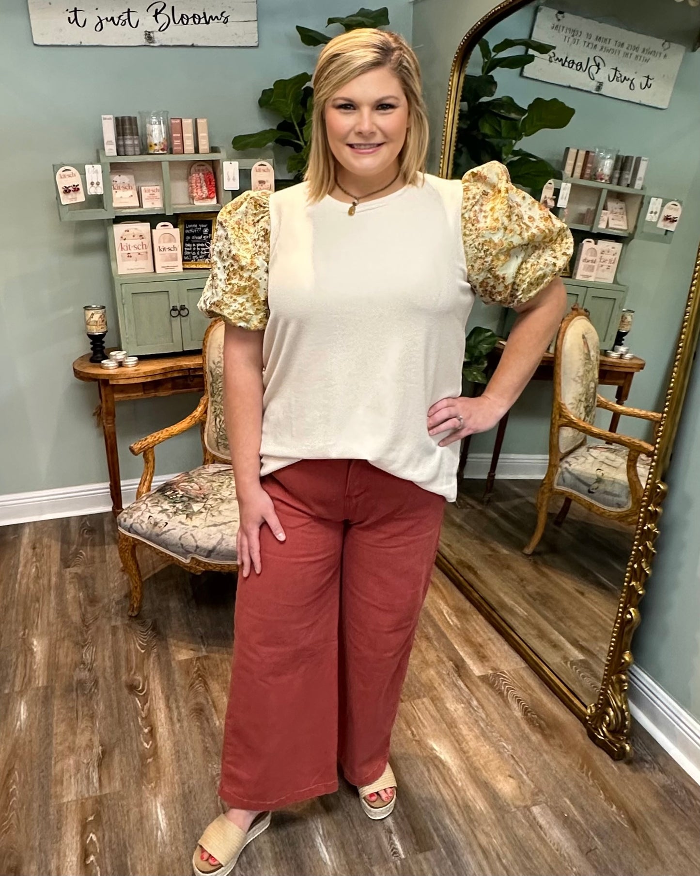 Textured Top with Floral Puff Sleeve